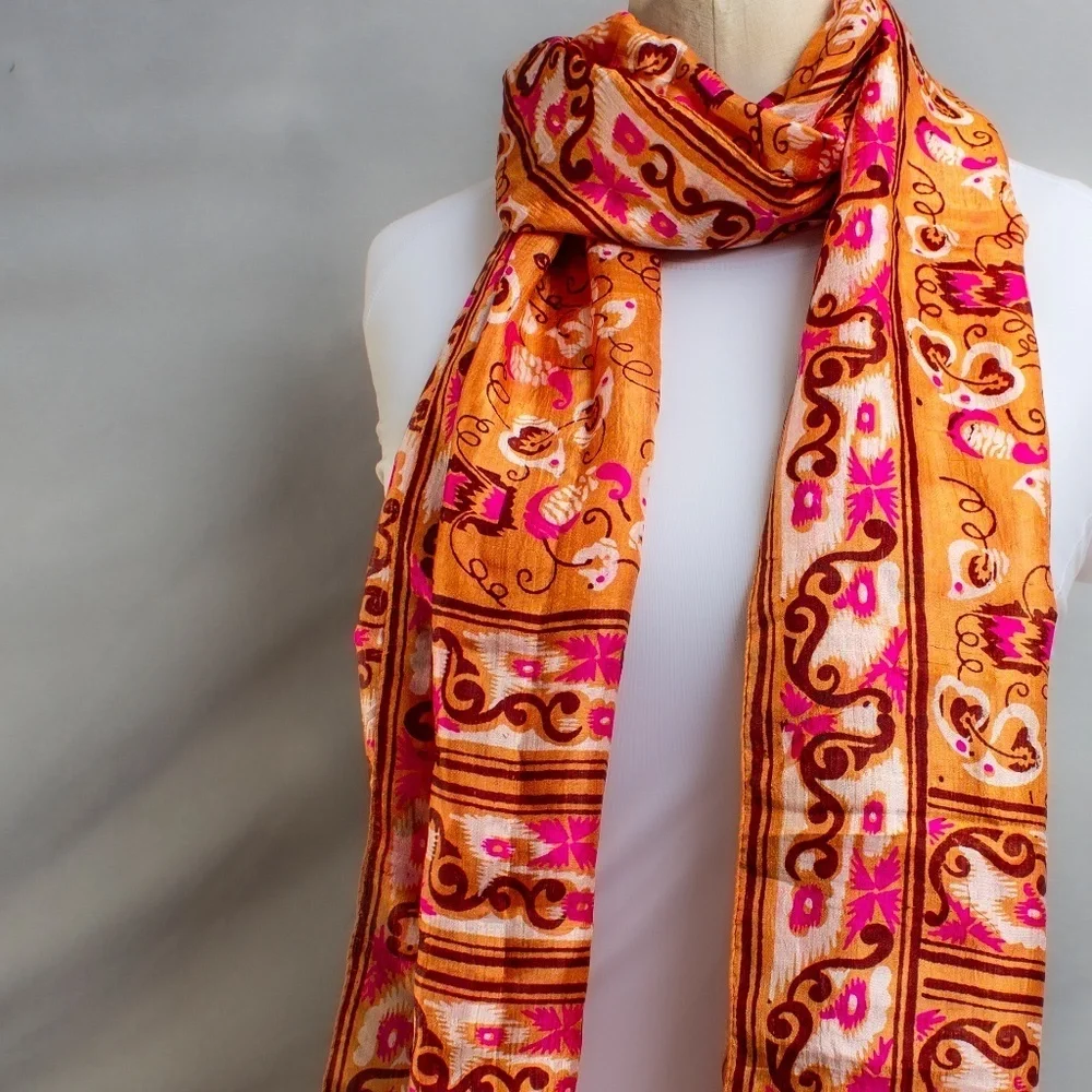 Vintage Silk Boho Hair Scarf | 1970s Long Silk Scarf | Vibrant Colors